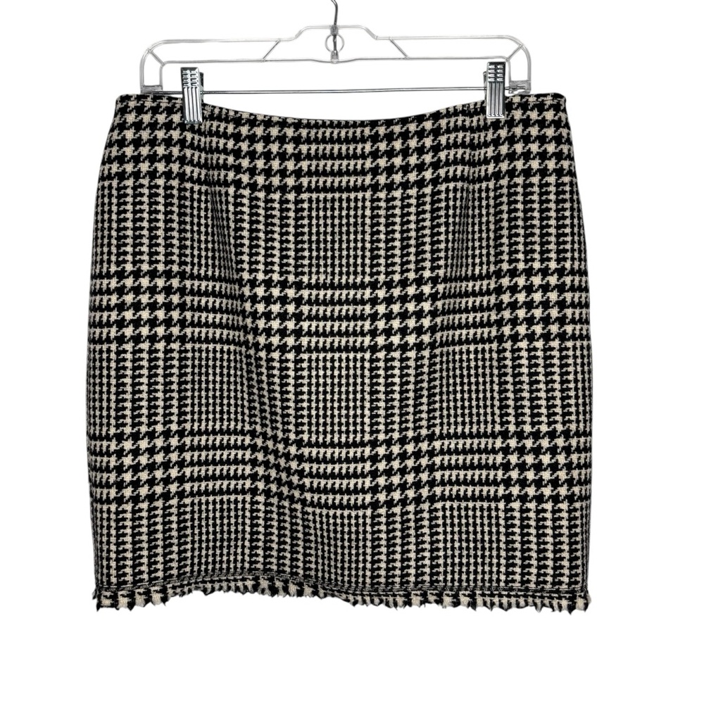 STRENESSE Gabriele Strehle Black+Cream houndstooth wool fringe mini Skirt size 8